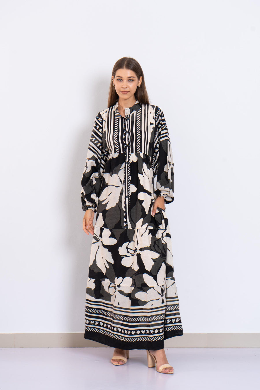 Black Floral Viscose Maxi Dress – Boho Summer Dress with Puffy Sleeves and Tribal Borders – Button-Down Resort Wear for Women