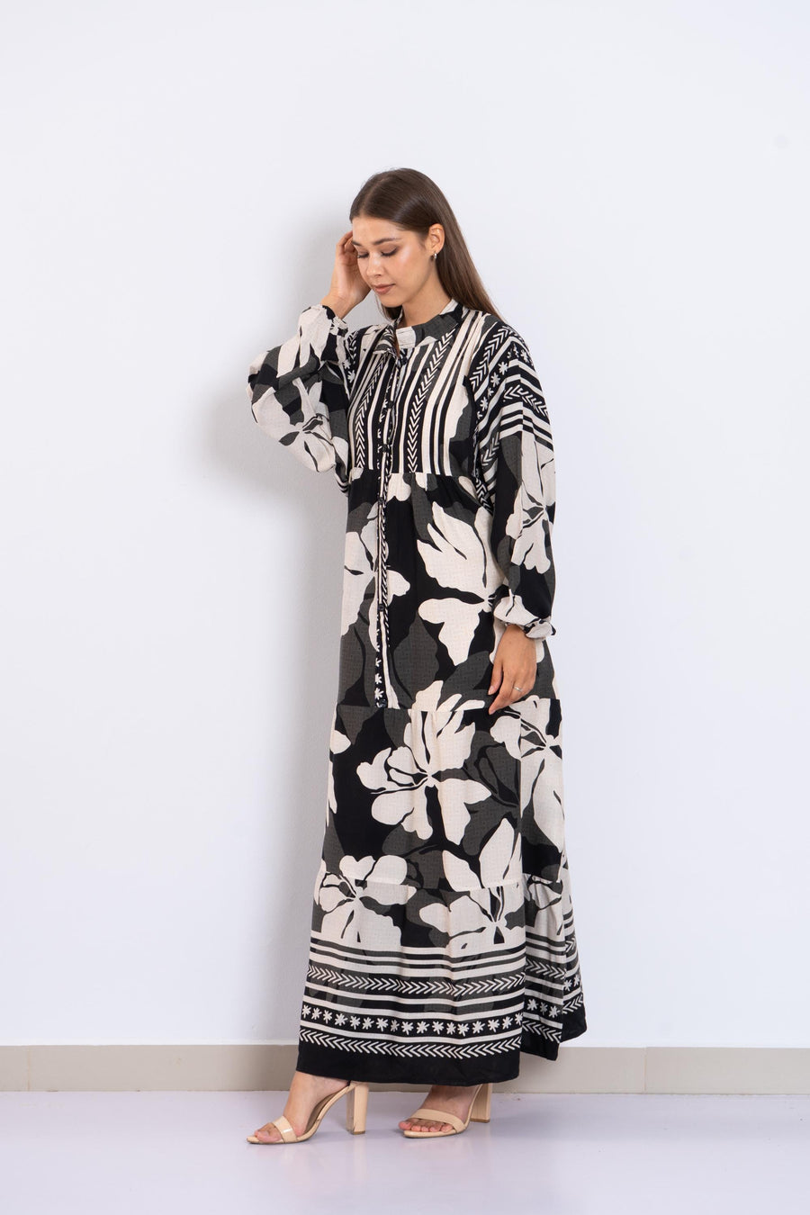 Black Floral Viscose Maxi Dress – Boho Summer Dress with Puffy Sleeves and Tribal Borders – Button-Down Resort Wear for Women