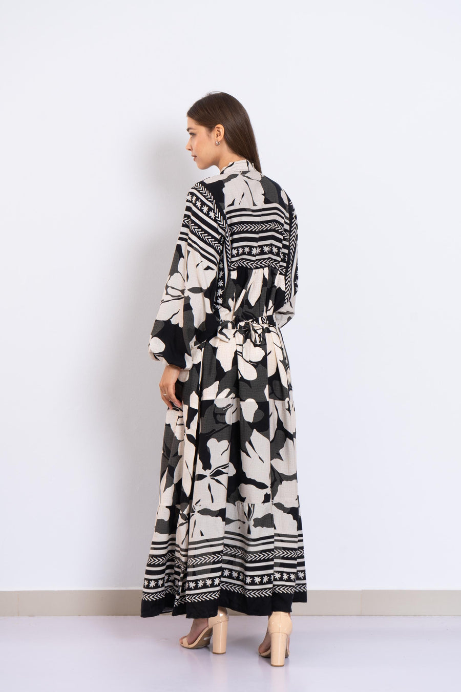 Black Floral Viscose Maxi Dress – Boho Summer Dress with Puffy Sleeves and Tribal Borders – Button-Down Resort Wear for Women