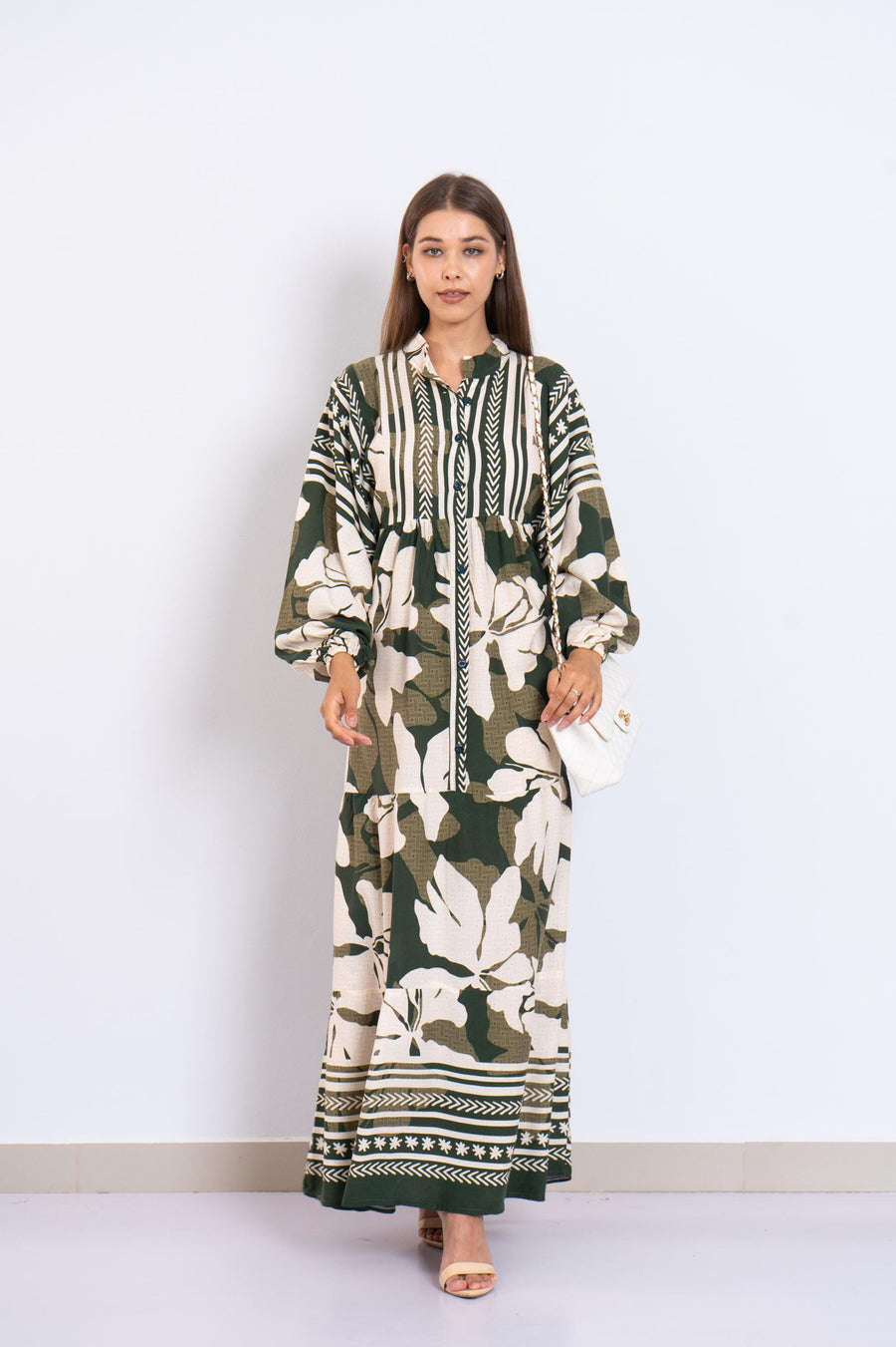 Summer Green Floral Viscose Maxi Dress – Boho Summer Dress with Puffy Sleeves and Tribal Borders – Button-Down Resort Wear for Women