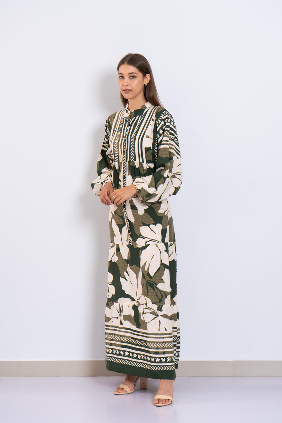 Summer Green Floral Viscose Maxi Dress – Boho Summer Dress with Puffy Sleeves and Tribal Borders – Button-Down Resort Wear for Women