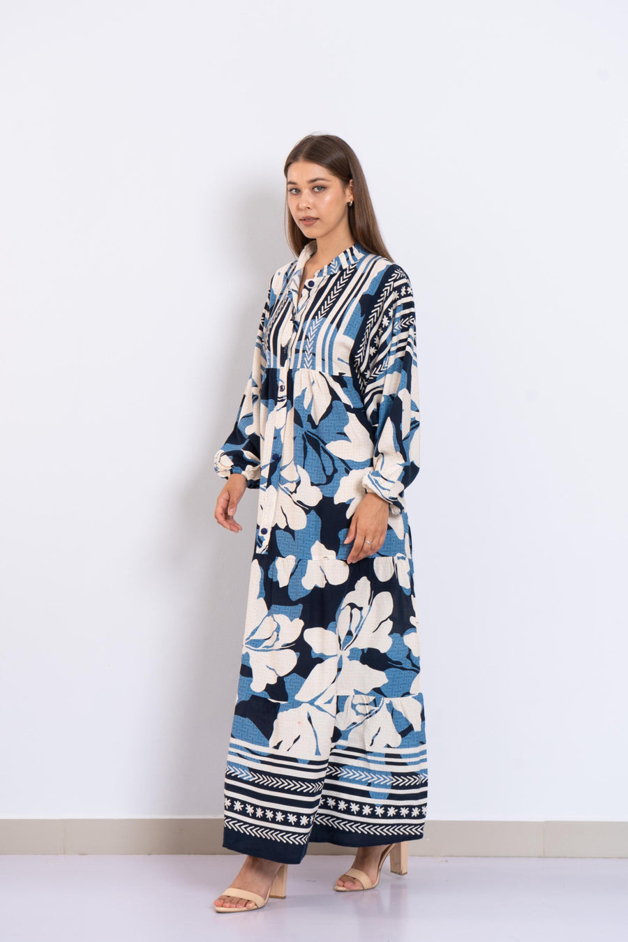 Summer Blue Floral Viscose Maxi Dress – Boho Summer Dress with Puffy Sleeves and Tribal Borders – Button-Down Resort Wear for Women