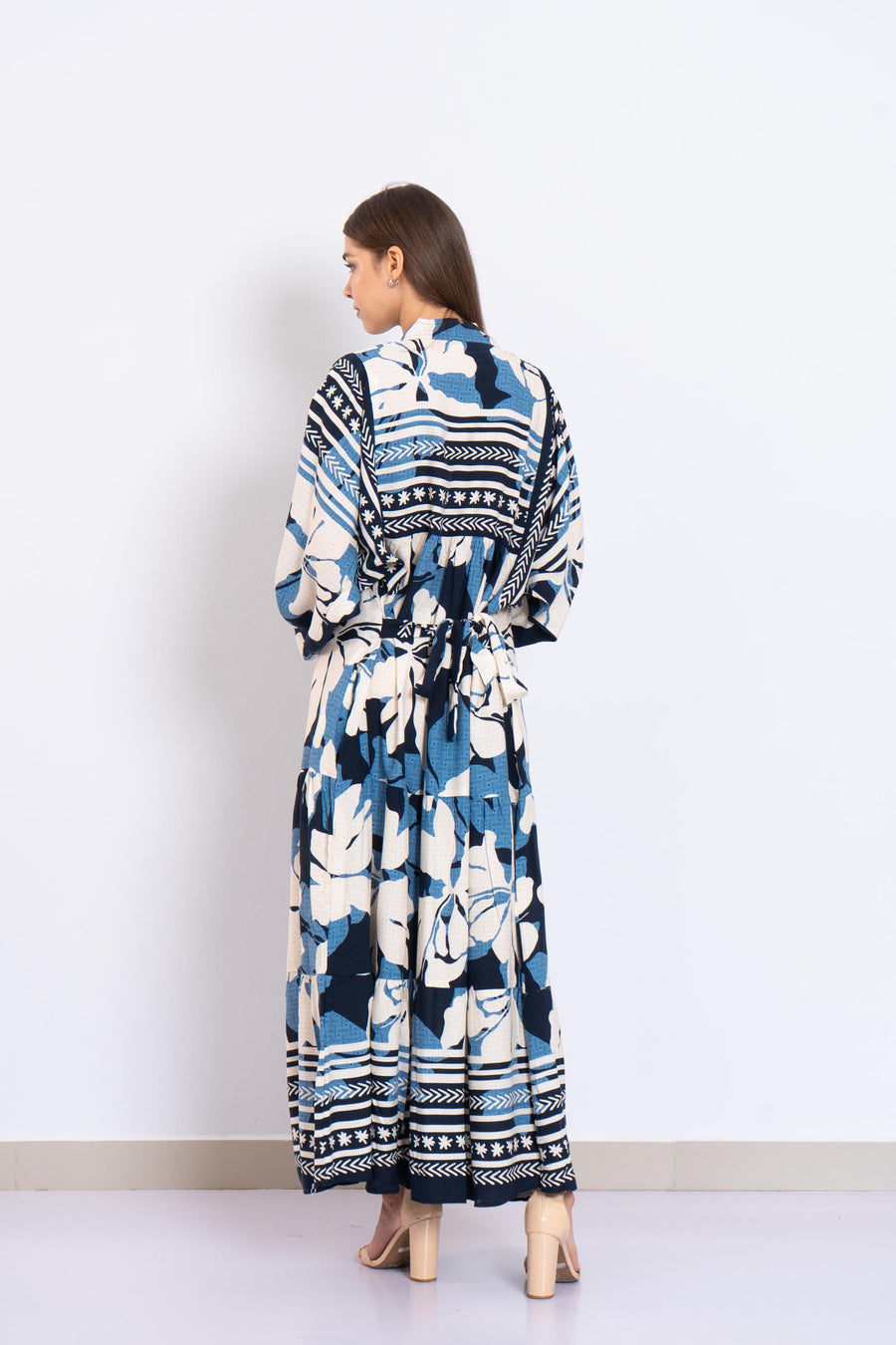 Summer Blue Floral Viscose Maxi Dress – Boho Summer Dress with Puffy Sleeves and Tribal Borders – Button-Down Resort Wear for Women