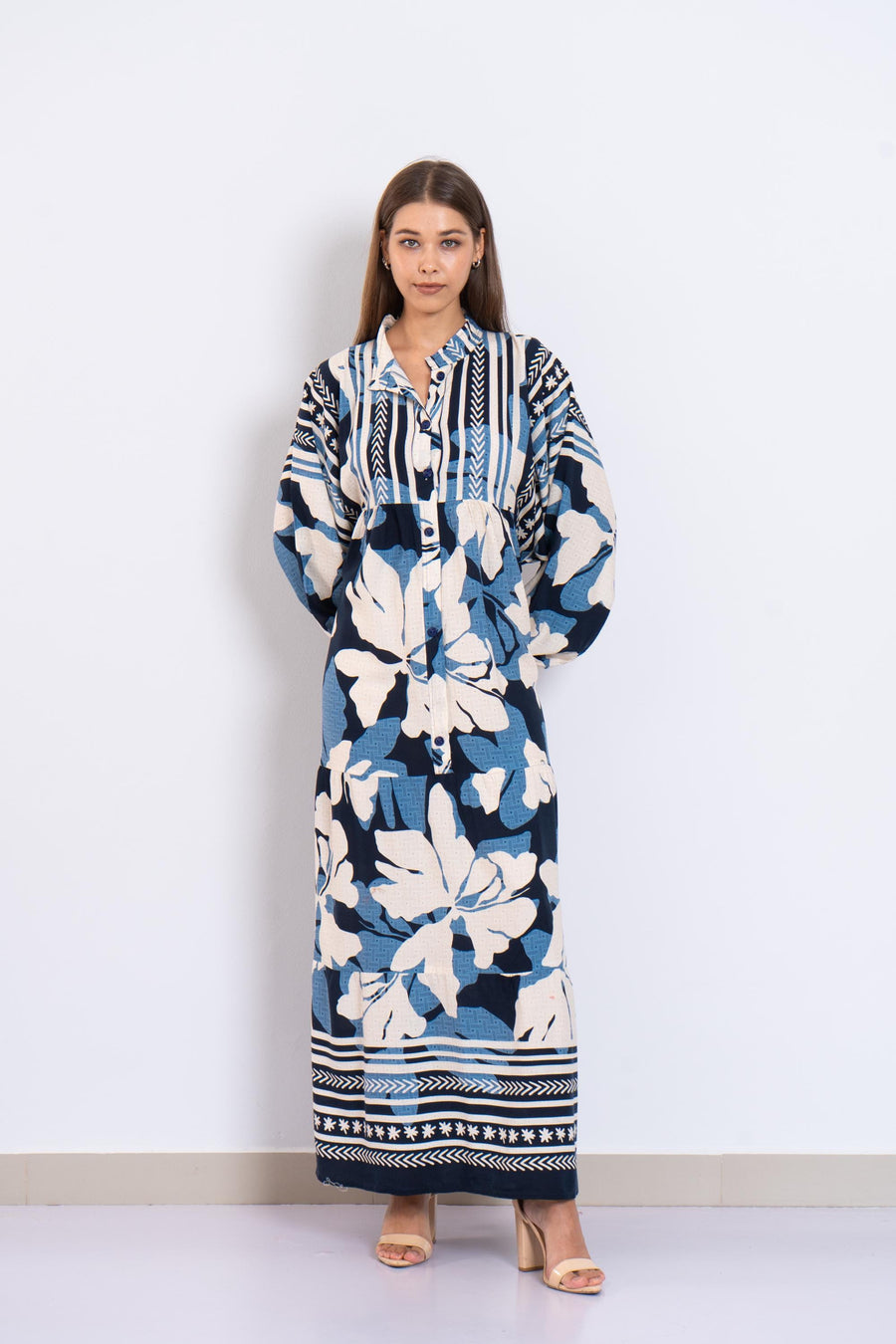 Summer Blue Floral Viscose Maxi Dress – Boho Summer Dress with Puffy Sleeves and Tribal Borders – Button-Down Resort Wear for Women