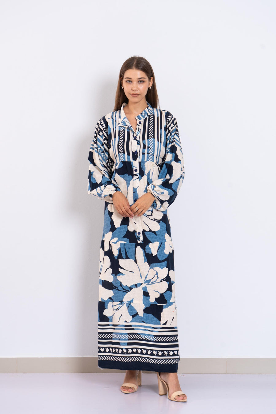 Summer Blue Floral Viscose Maxi Dress – Boho Summer Dress with Puffy Sleeves and Tribal Borders – Button-Down Resort Wear for Women