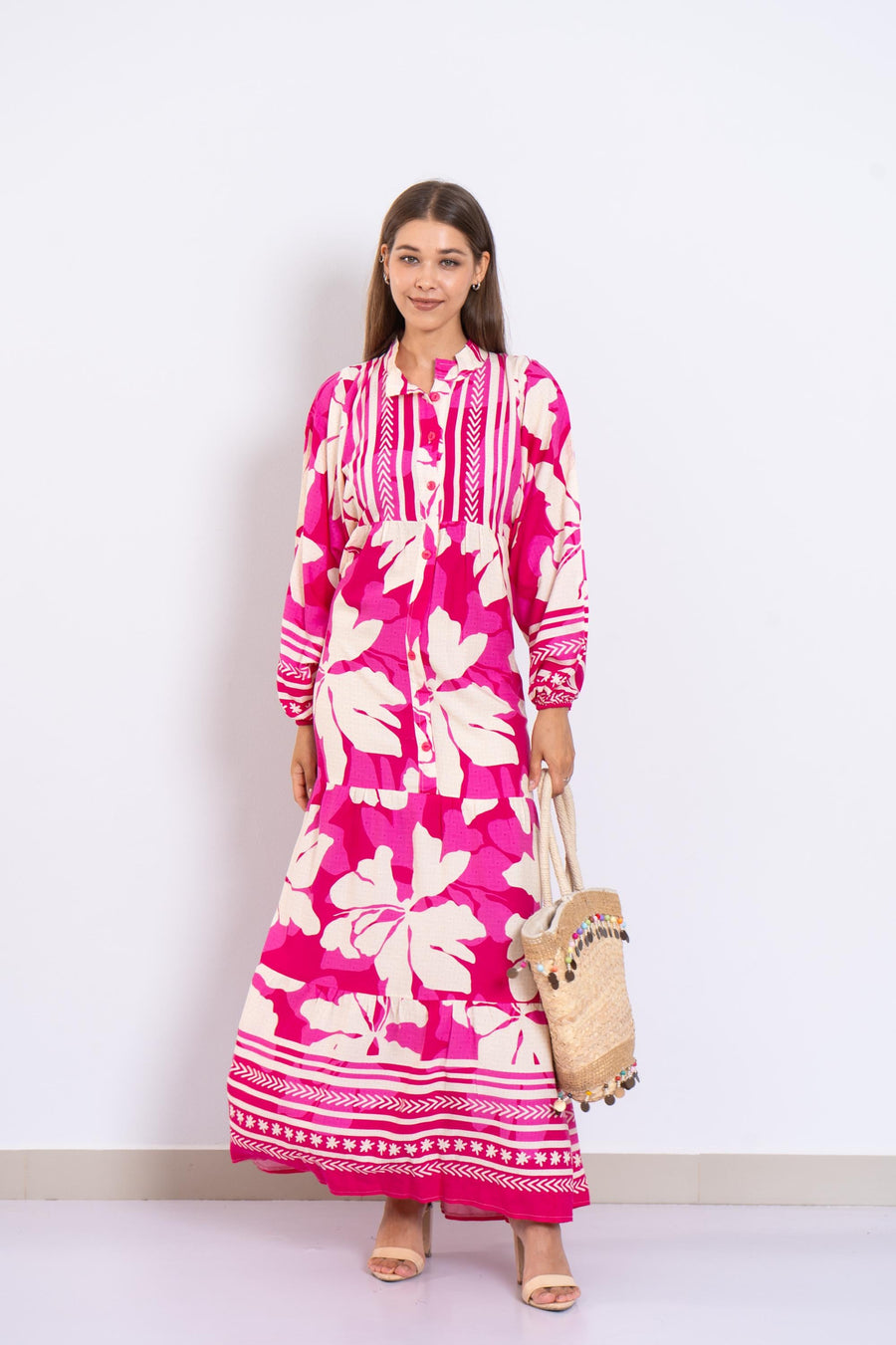 Fuchsia Floral Viscose Maxi Dress – Boho Summer Dress with Puffy Sleeves and Tribal Borders – Button-Down Resort Wear for Women