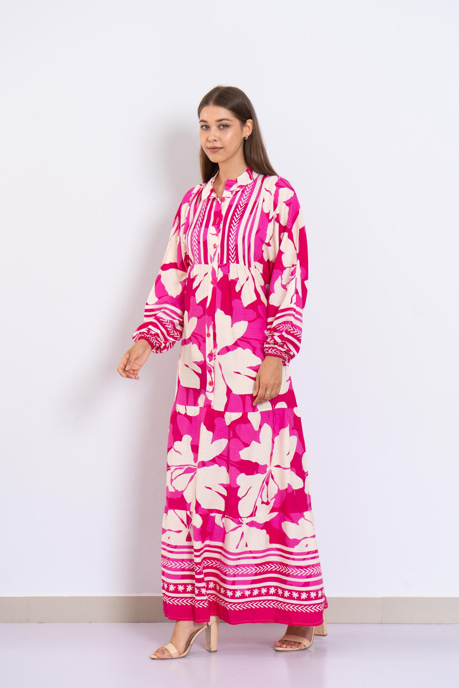Fuchsia Floral Viscose Maxi Dress – Boho Summer Dress with Puffy Sleeves and Tribal Borders – Button-Down Resort Wear for Women