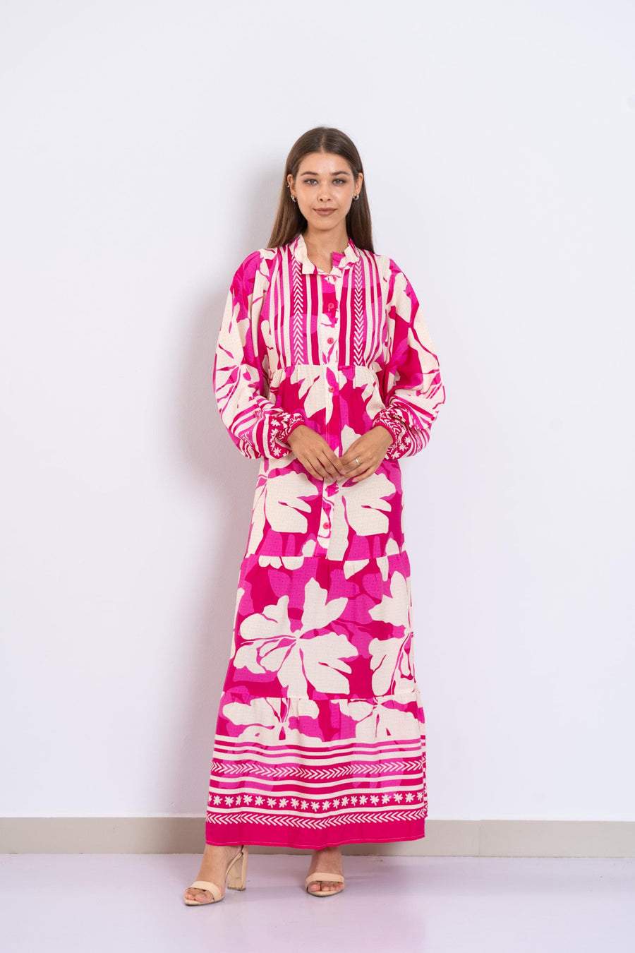 Fuchsia Floral Viscose Maxi Dress – Boho Summer Dress with Puffy Sleeves and Tribal Borders – Button-Down Resort Wear for Women