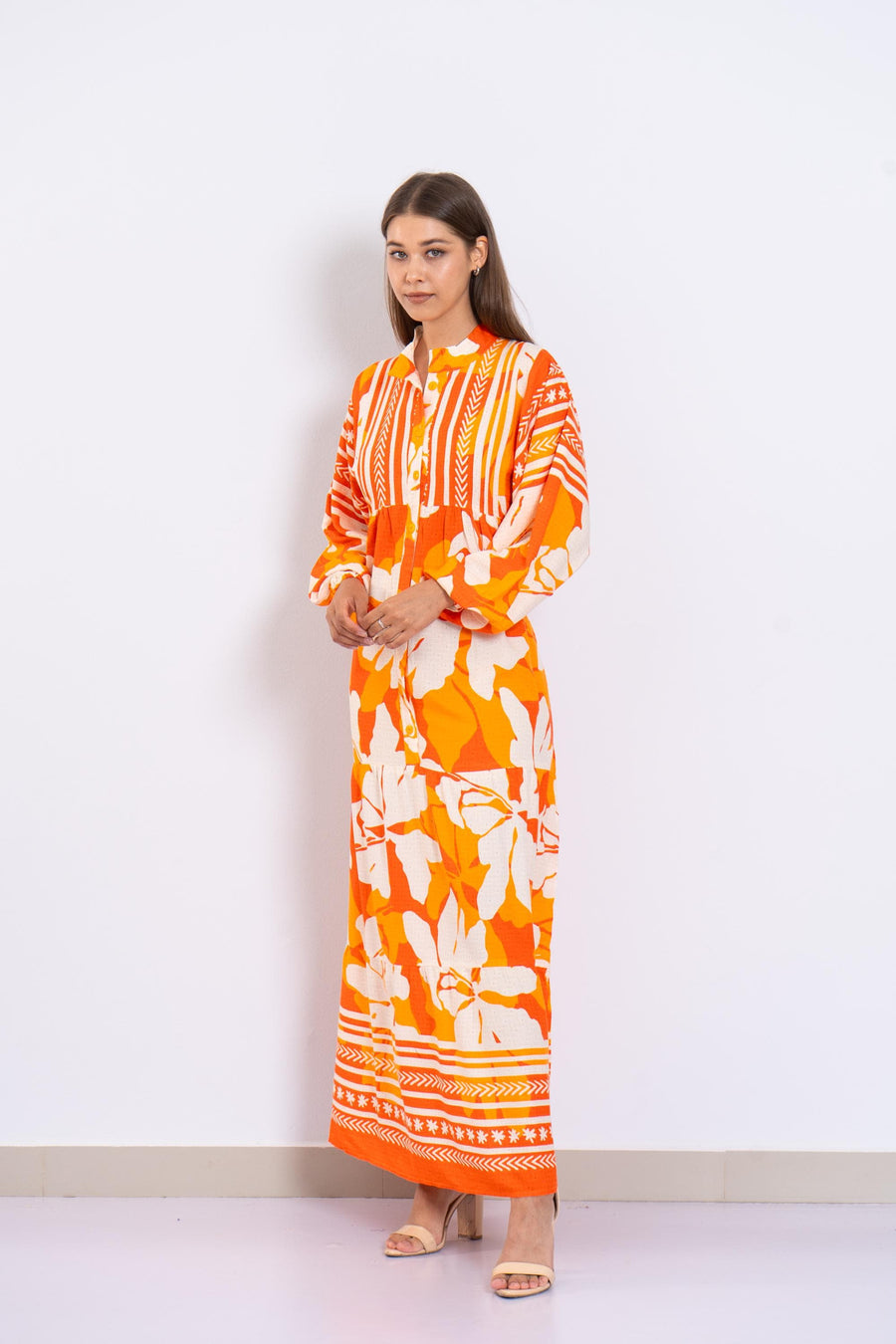 Orange Floral Viscose Maxi Dress – Boho Summer Dress with Puffy Sleeves and Tribal Borders – Button-Down Resort Wear for Women