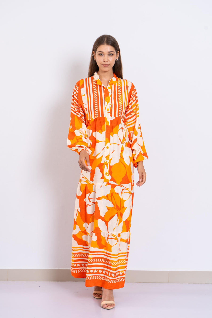 Orange Floral Viscose Maxi Dress – Boho Summer Dress with Puffy Sleeves and Tribal Borders – Button-Down Resort Wear for Women