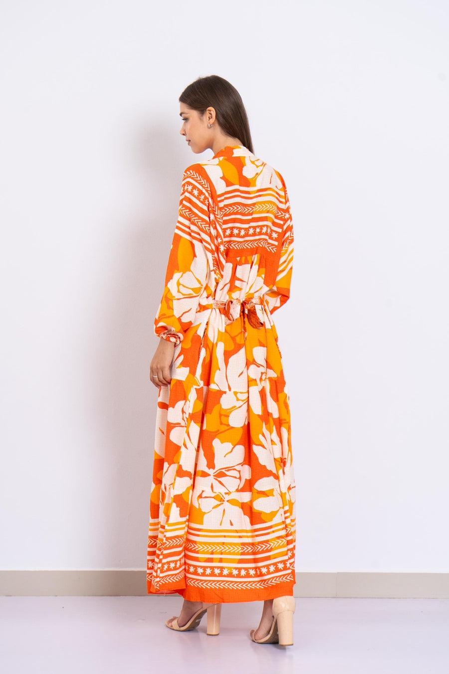 Orange Floral Viscose Maxi Dress – Boho Summer Dress with Puffy Sleeves and Tribal Borders – Button-Down Resort Wear for Women