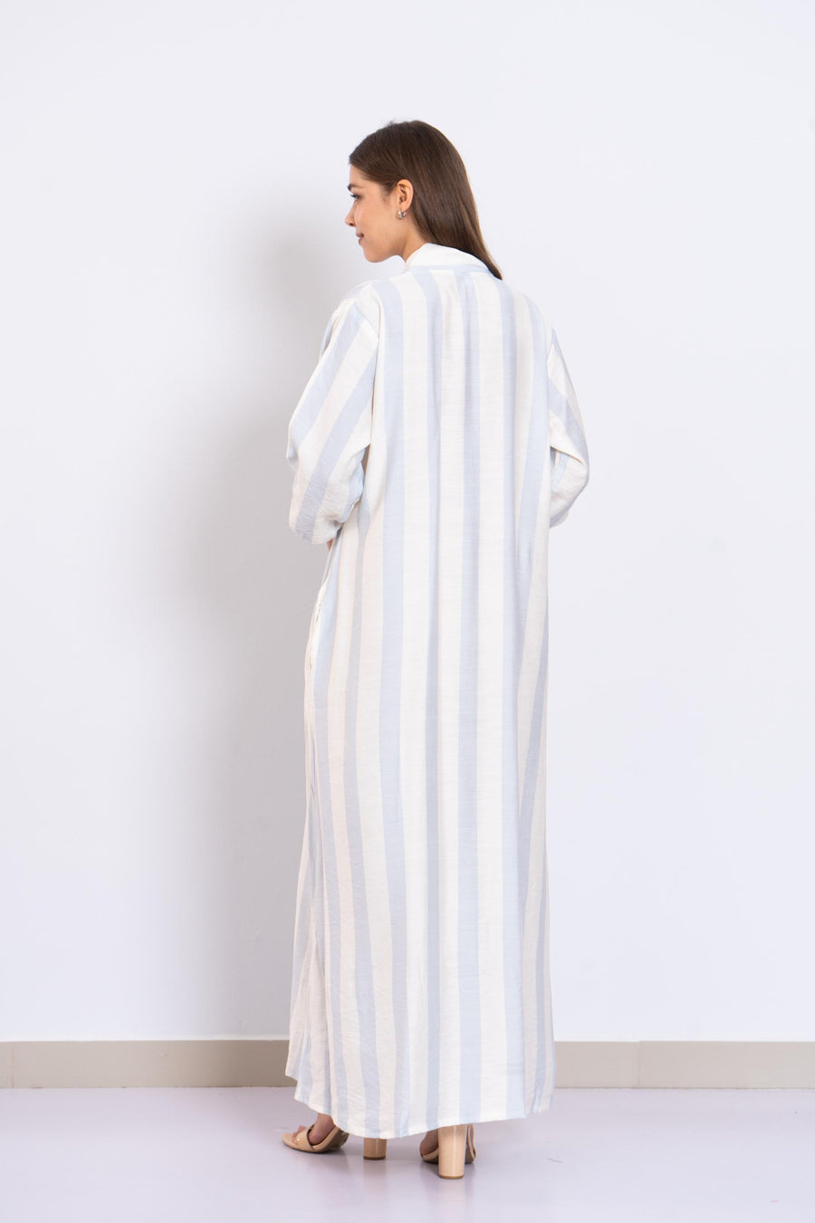 Luxurious Blue Striped Linen Kaftan Dress with Pockets – Long Sleeve Caftans for Women – Lightweight Summer Lounge Wear – Minimalist