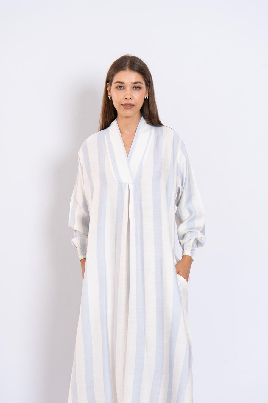 Luxurious Blue Striped Linen Kaftan Dress with Pockets – Long Sleeve Caftans for Women – Lightweight Summer Lounge Wear – Minimalist