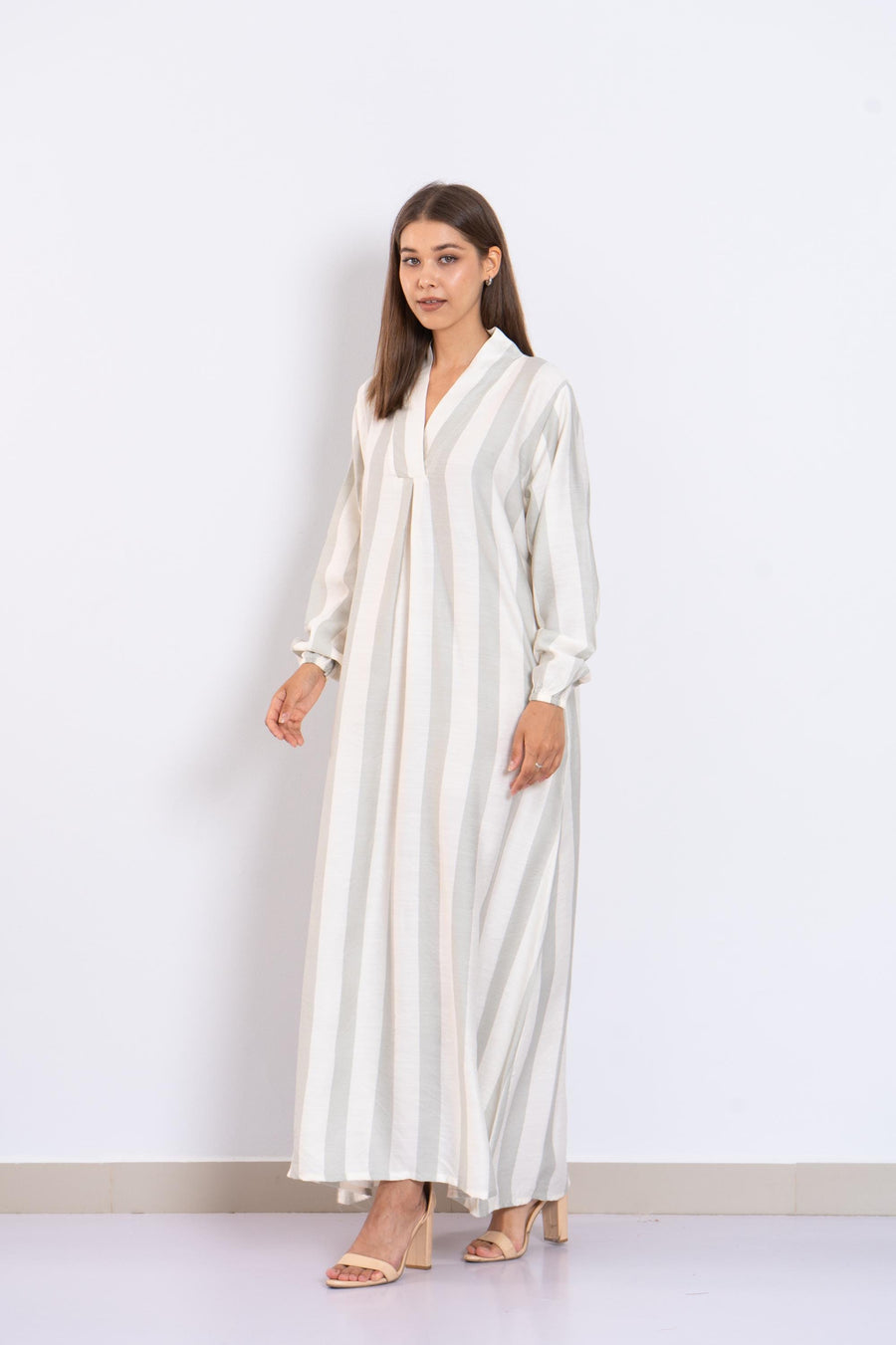 Royal Blush Striped Linen Kaftan Dress with Pockets – Long Sleeve Caftan for Women – Lightweight Summer Lounge Wear – Resort Caftan Grey