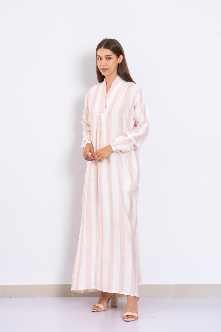 Blush Pink Luxurious Striped Linen Kaftan Dress with Pockets – Long Sleeve Caftans for Women – Lightweight Summer Lounge Wear – Minimalist