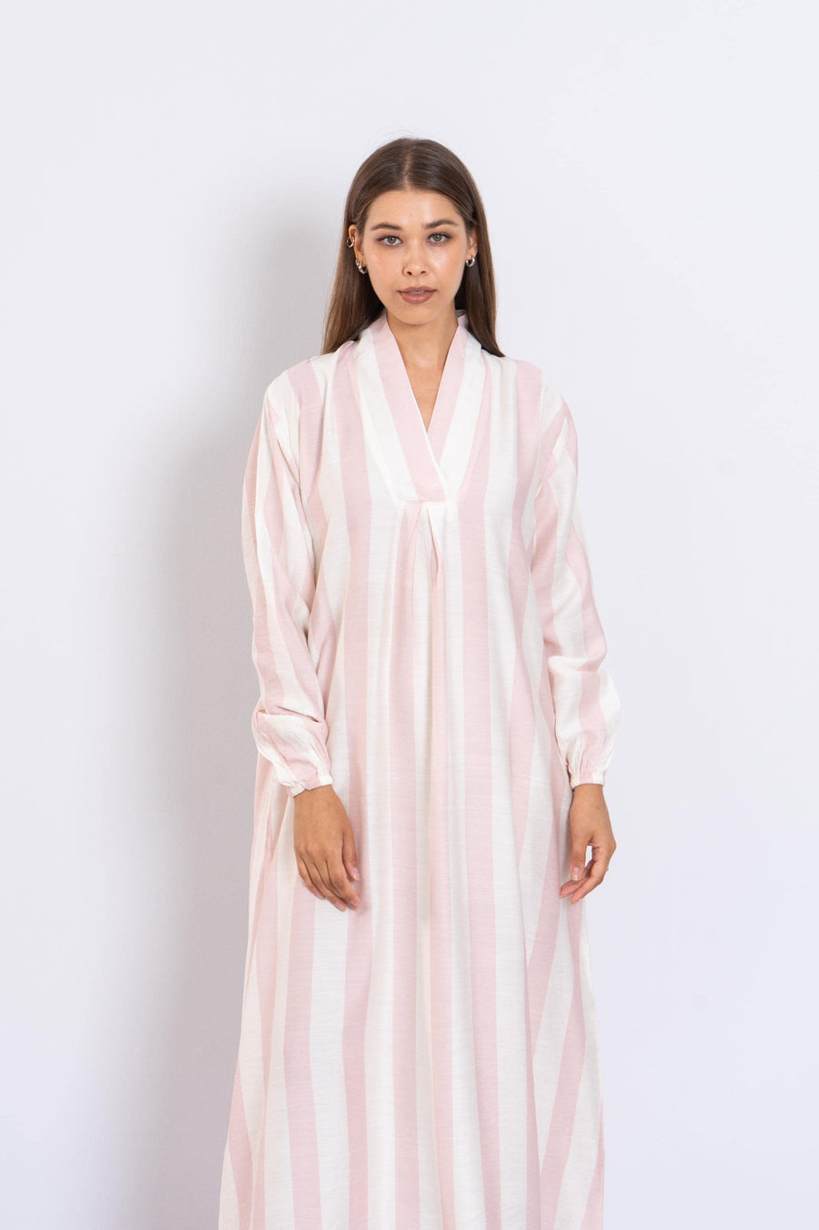 Blush Pink Luxurious Striped Linen Kaftan Dress with Pockets – Long Sleeve Caftans for Women – Lightweight Summer Lounge Wear – Minimalist