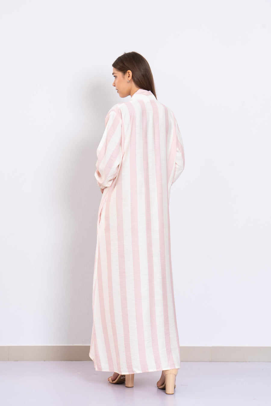 Blush Pink Luxurious Striped Linen Kaftan Dress with Pockets – Long Sleeve Caftans for Women – Lightweight Summer Lounge Wear – Minimalist