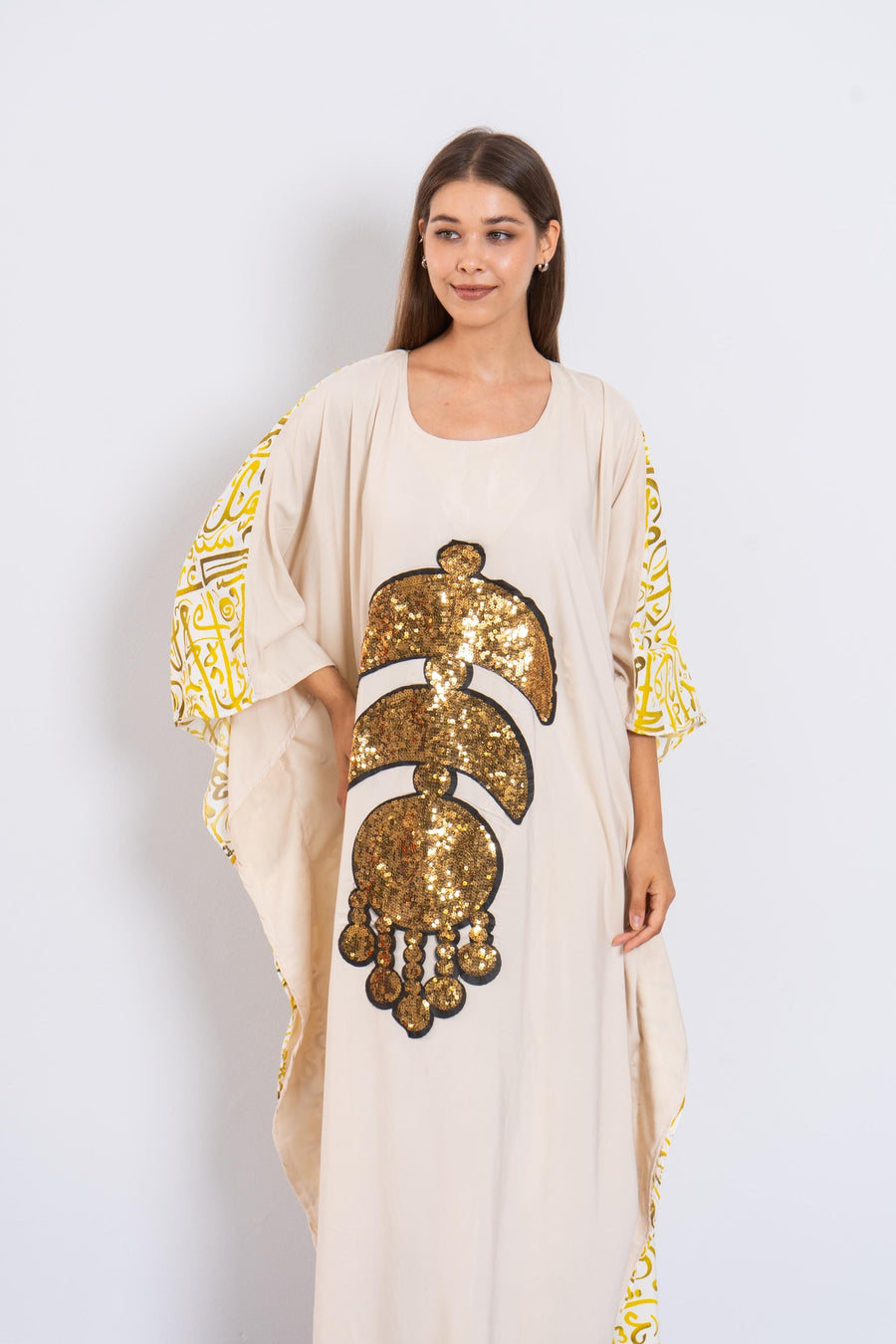 Elegant beige butterfly embroidered Plus size Kaftan with belt, Loose fit Bohemian Caftan, Cotton Kaftan, Exotic Kaftan, Moroccan Caftan