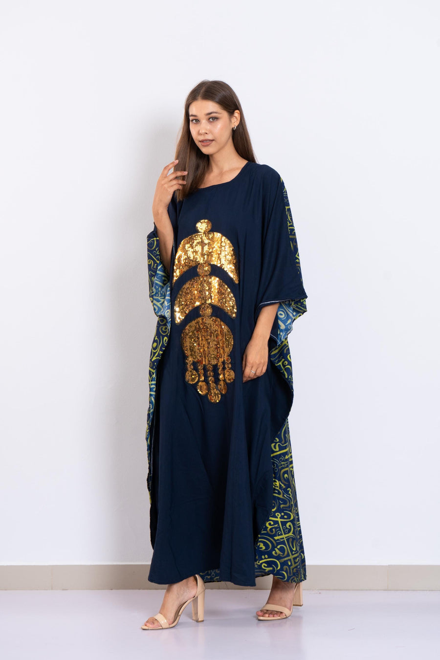 Elegant navy blue butterfly embroidered Plus size Kaftan with belt, Loose fit Bohemian Caftan, Cotton Kaftan, Exotic Kaftan, Moroccan Caftan