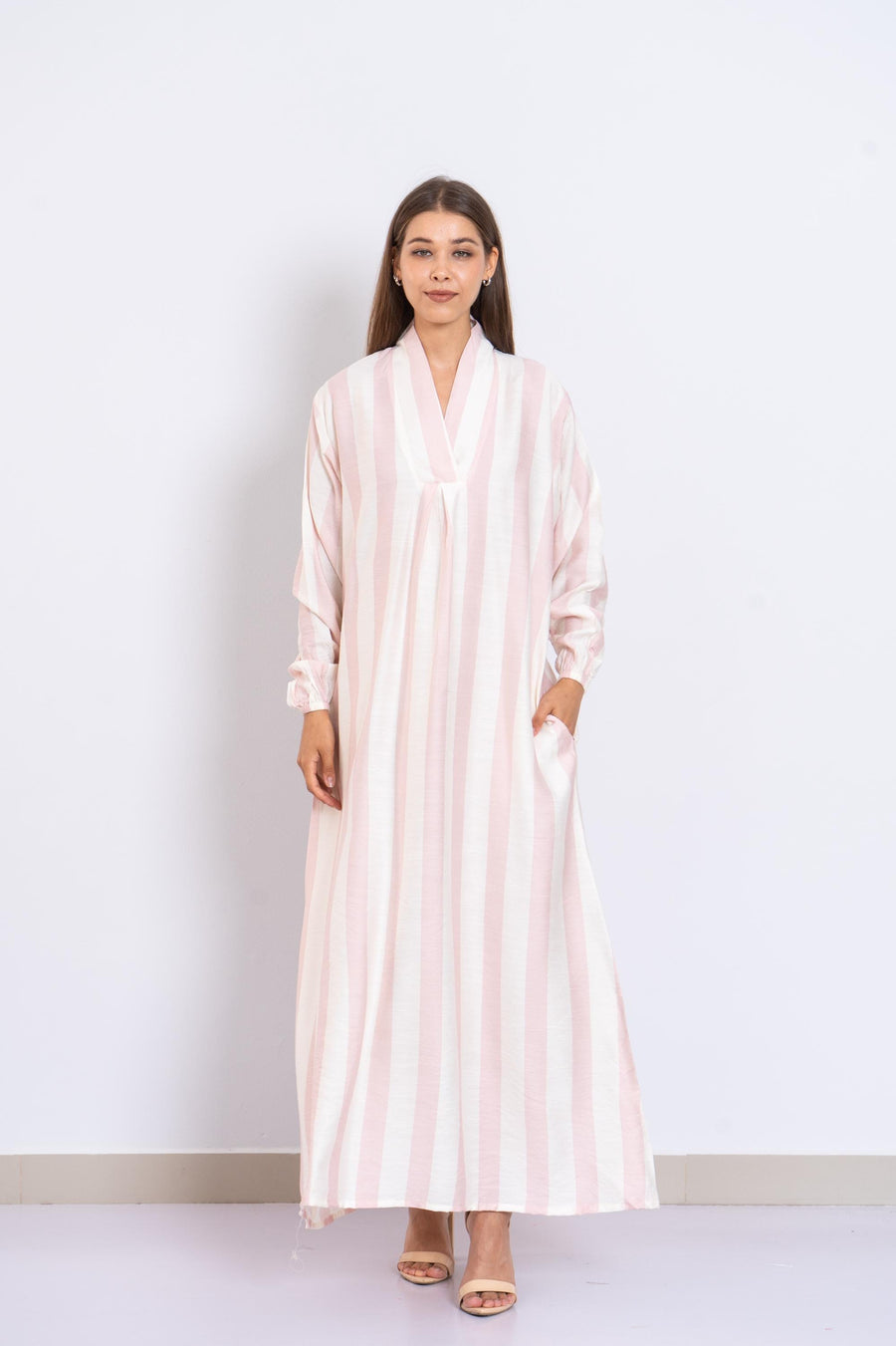 Blush Pink Luxurious Striped Linen Kaftan Dress with Pockets – Long Sleeve Caftans for Women – Lightweight Summer Lounge Wear – Minimalist