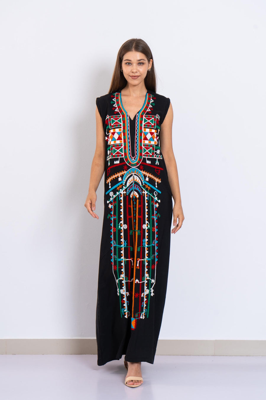 Bohemian black sleeveless Siwa embroidered caftan, embroidered Caftan dress, Caftan maxi dress, Caftans for women, Cotton caftans summer