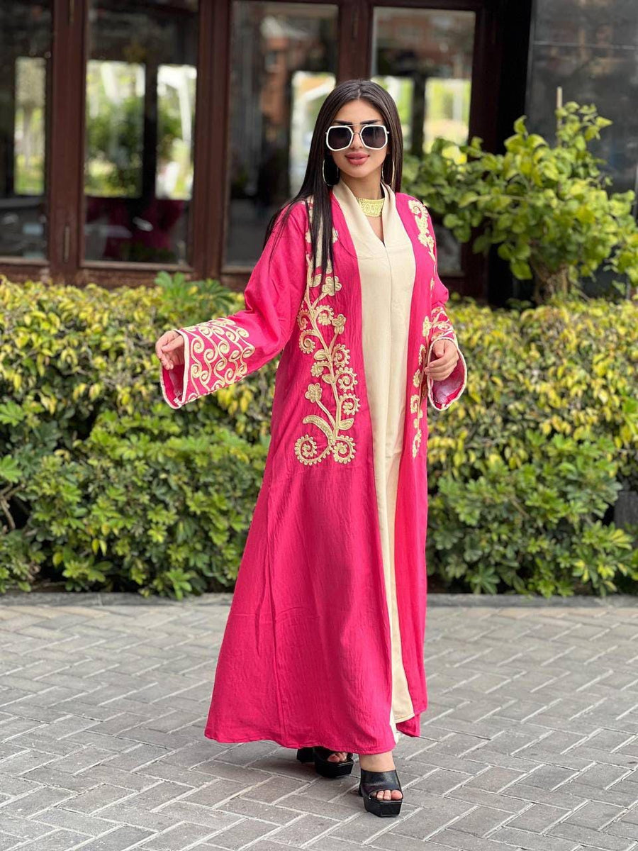 Luxurious pink embroidered caftan, linen summer caftan, chic caftan, Summer Kaftan, Caftans for women, caftans for women