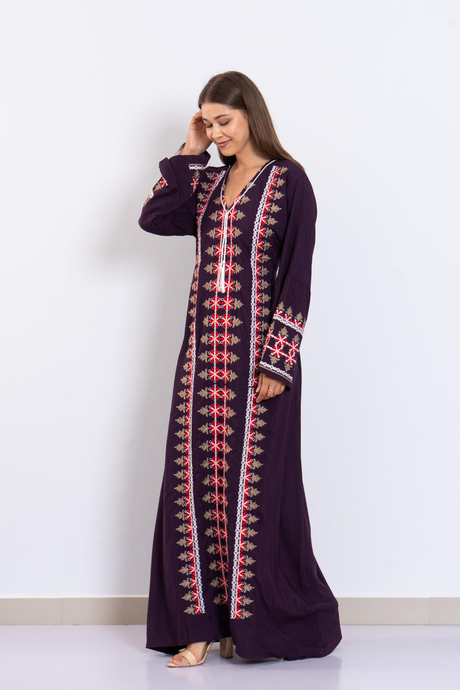 Purple Embroidered Caftan Dress – Long Sleeve Caftan for Women – Boho Kaftan – Moroccan Style Abaya – Ethnic Caftans – Modest Lounge Wear