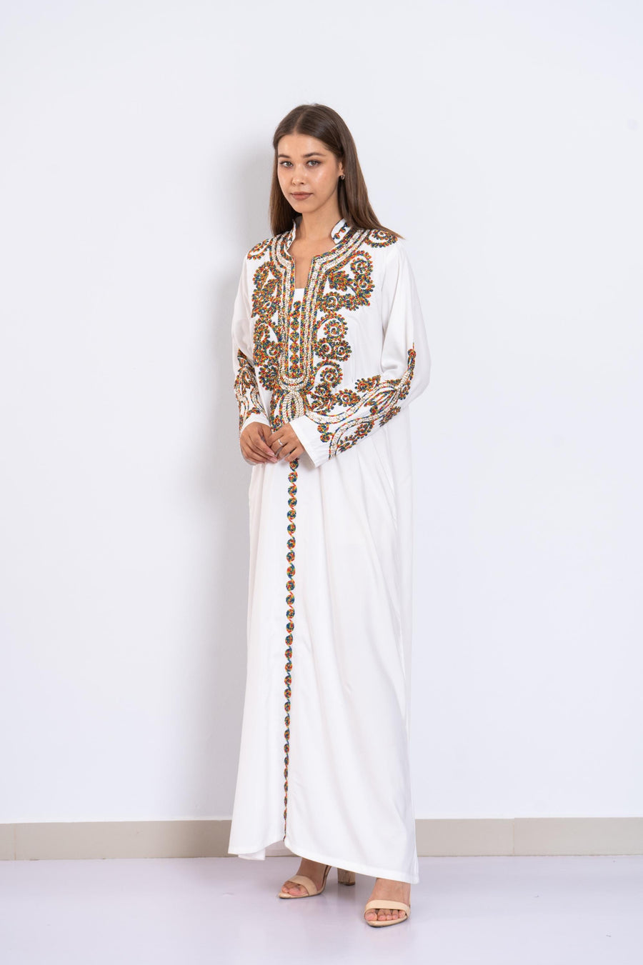 white Embroidered Kaftan Dress – Linen Blend Caftan for Women – Long Sleeve Maxi Dress – Boho Moroccan Style Caftans – Lightweight Kaftan