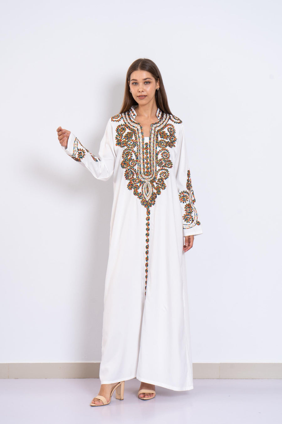 white Embroidered Kaftan Dress – Linen Blend Caftan for Women – Long Sleeve Maxi Dress – Boho Moroccan Style Caftans – Lightweight Kaftan