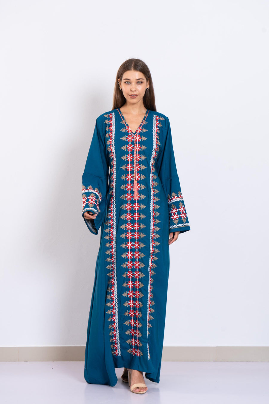 Blue Embroidered Caftan Dress – Long Sleeve Caftan for Women – Boho Kaftan – Moroccan Style Abaya – Ethnic Caftans – Modest Lounge Wear