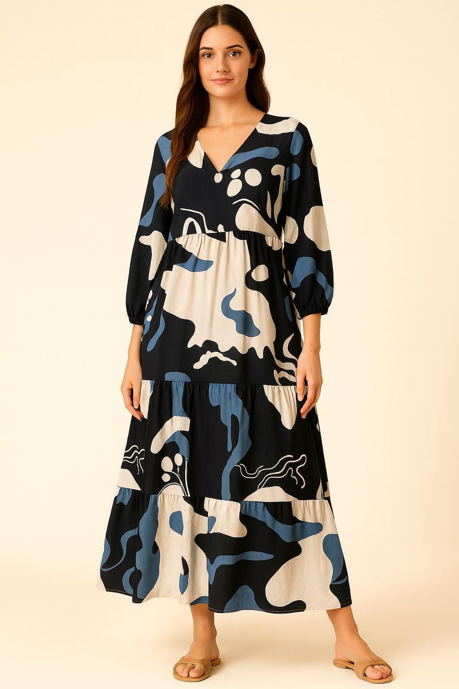 Preorder - Abstract print Navy Blue Viscose Summer Maxi Dress, Caftan Maxi dress, Boho Maxi Dress for women