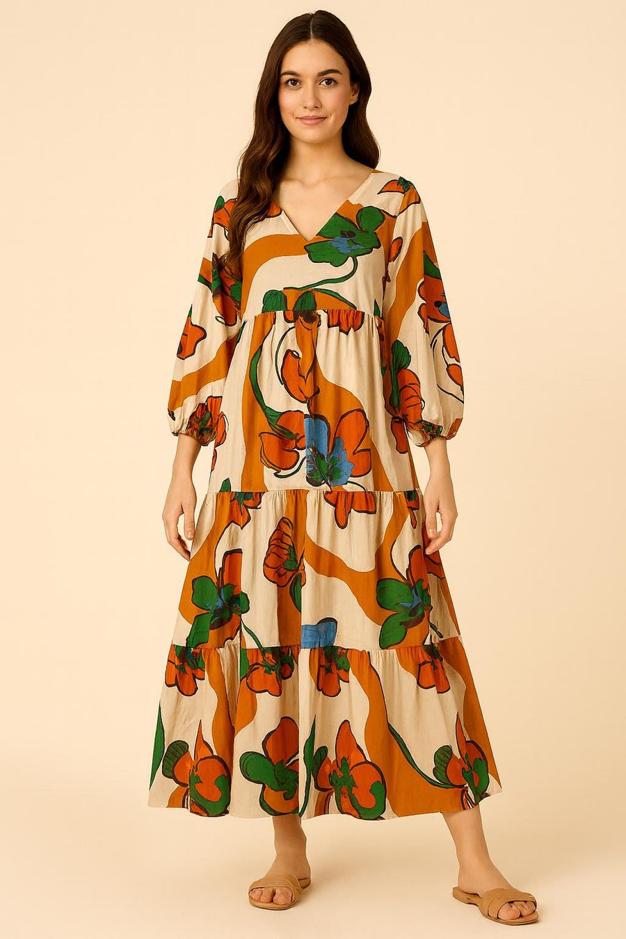 Beautiful Orange Floral Pink Viscose Summer Maxi Dress With Pockets, Caftan Maxi dress, Boho Maxi Dress for women