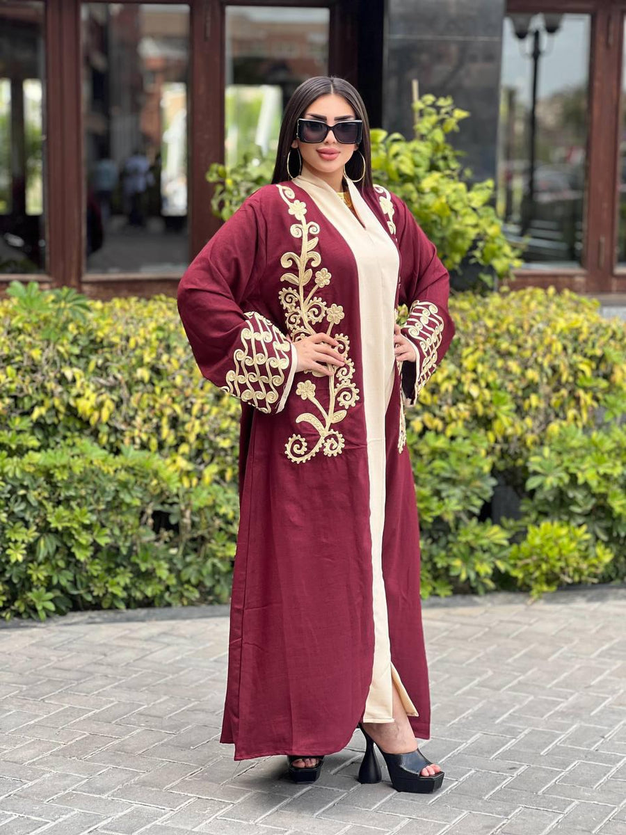 Luxurious burgundy embroidered caftan, linen summer caftan, chic caftan, Summer Kaftan, Caftans for women, caftans for women