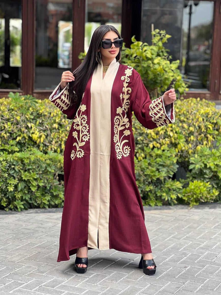 Luxurious burgundy embroidered caftan, linen summer caftan, chic caftan, Summer Kaftan, Caftans for women, caftans for women