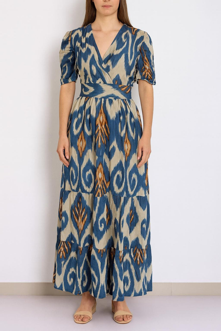 Boho Ikat Maxi Dress – V-Neck Wrap Style with Short Sleeves, Blue Beige Orange Print, Summer Resort Wear