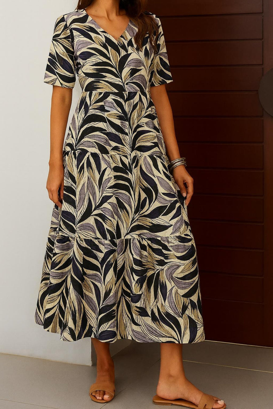 Botanical Purple Maxi Dress – Short Sleeve Tiered Bohemian Kaftan for Vacation or Beach - Pre order
