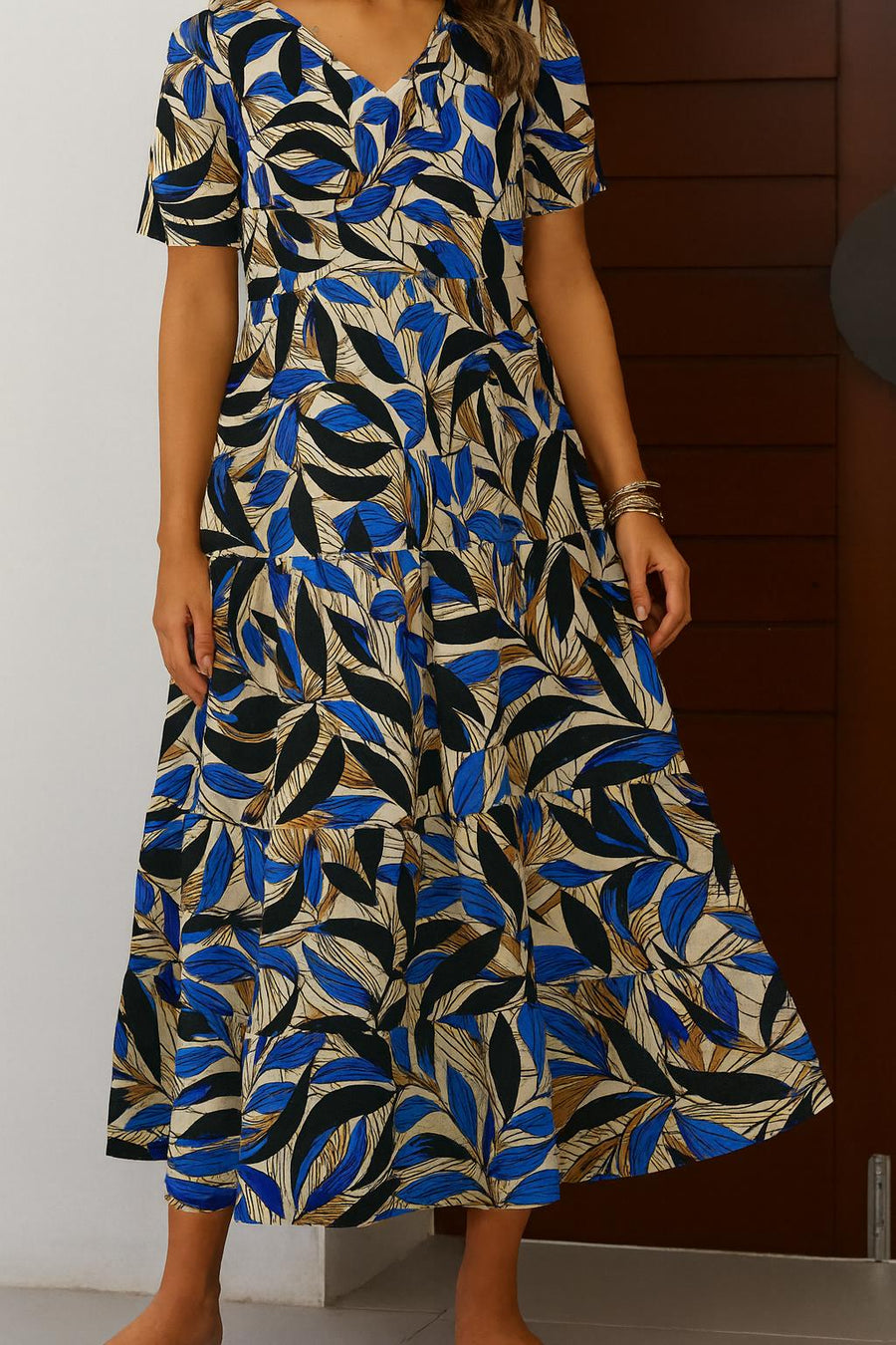 Blue Leaf Print Tiered Maxi Dress – Boho Summer Short Sleeve Kaftan for Women - Caftan for women