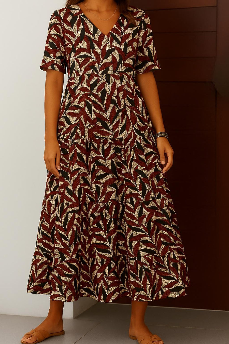 Red Leaf Print Tiered Maxi Dress – Boho Summer Short Sleeve Kaftan for Women - Caftan for women