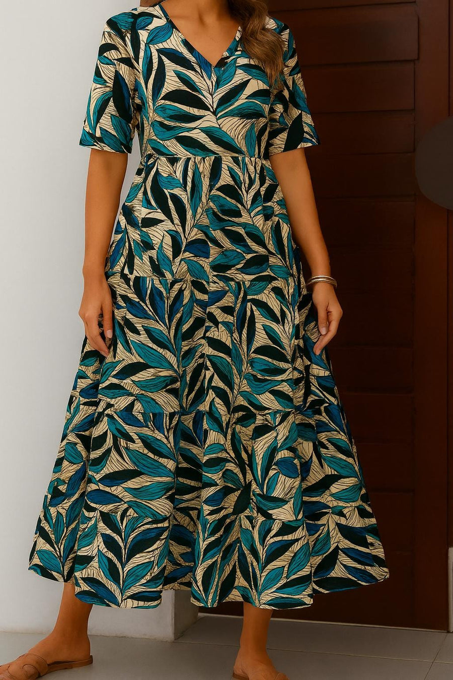 Teal Leaf Print Tiered Maxi Dress – Boho Summer Short Sleeve Kaftan for Women - Caftan for women