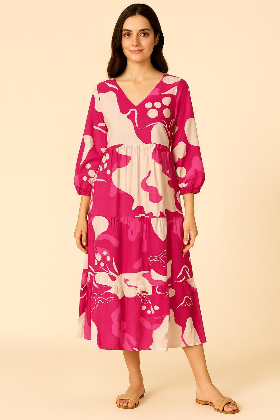 Chic Pink Abstract print Viscose Summer Maxi Dress, Caftan Maxi dress, Boho Maxi Dress for women - Pre Order