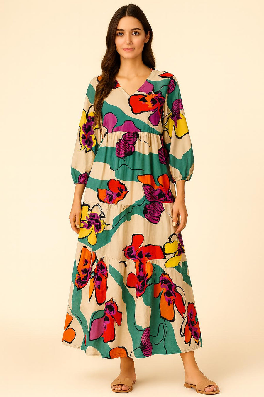 Beautiful Teal Floral Pink Viscose Summer Maxi Dress, Caftan Maxi dress, Boho Maxi Dress for women