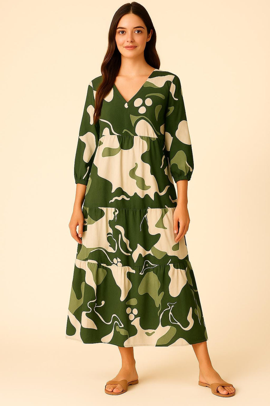 Chic Green Abstract print Viscose Summer Maxi Dress With Pockets, Caftan Maxi dress, Boho Maxi Dress for women - Pre Order