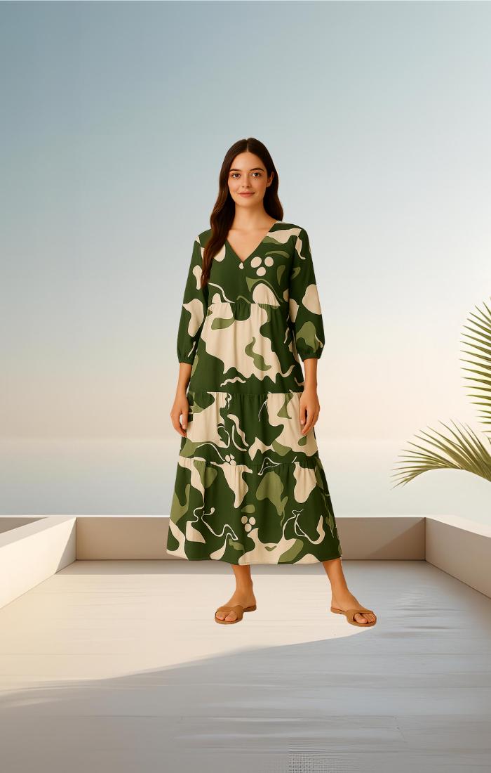Chic Green Abstract print Viscose Summer Maxi Dress With Pockets, Caftan Maxi dress, Boho Maxi Dress for women - Pre Order