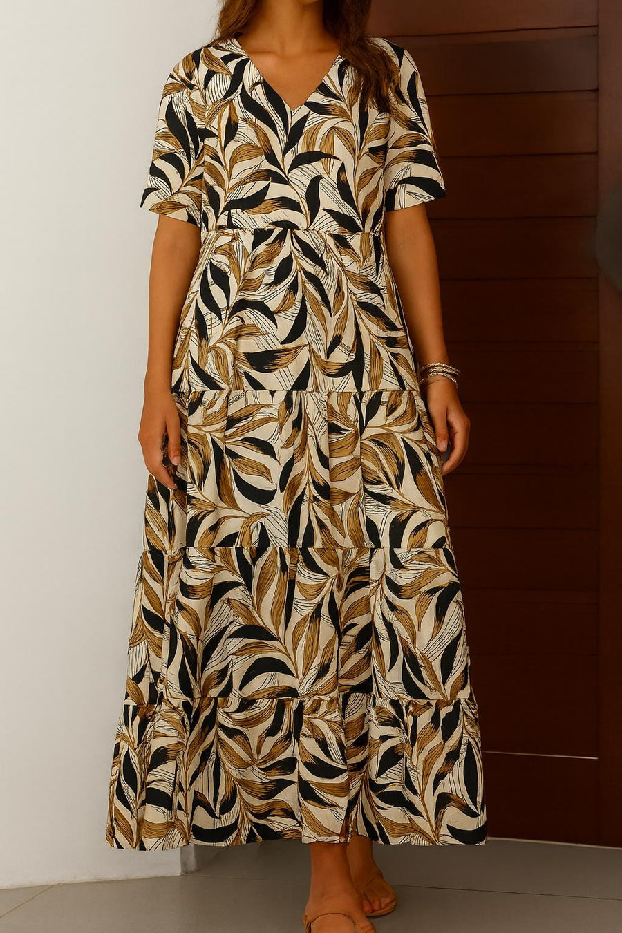 Cream Leaf Print Tiered Maxi Dress – Boho Summer Short Sleeve Kaftan for Women - Caftan for women