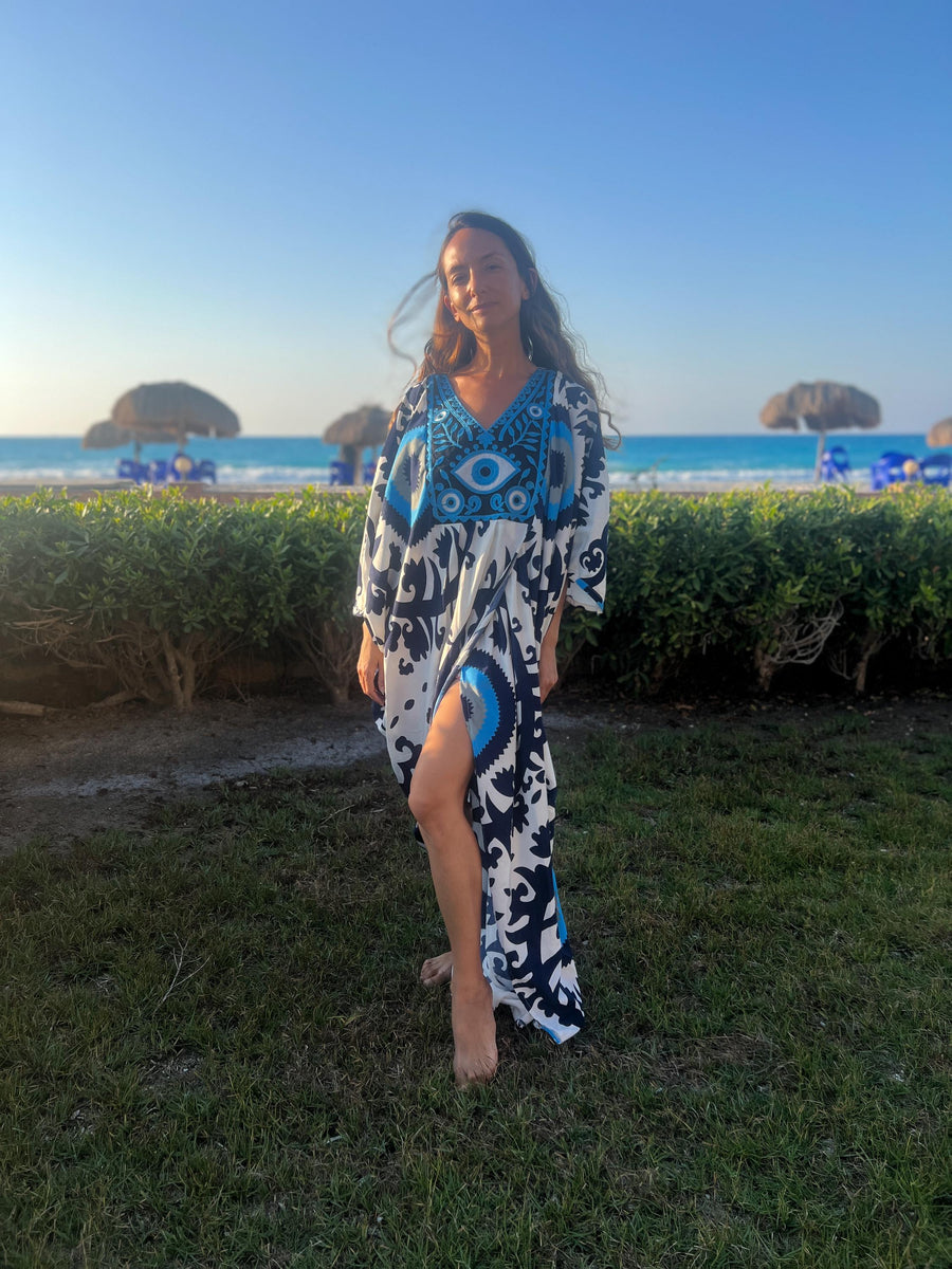 Evil Eye Blue Caftan, Caftans for women, Loose fit caftan, Open Butterfly Kaftan, caftans for women, Egyptian caftan, Plus size dress