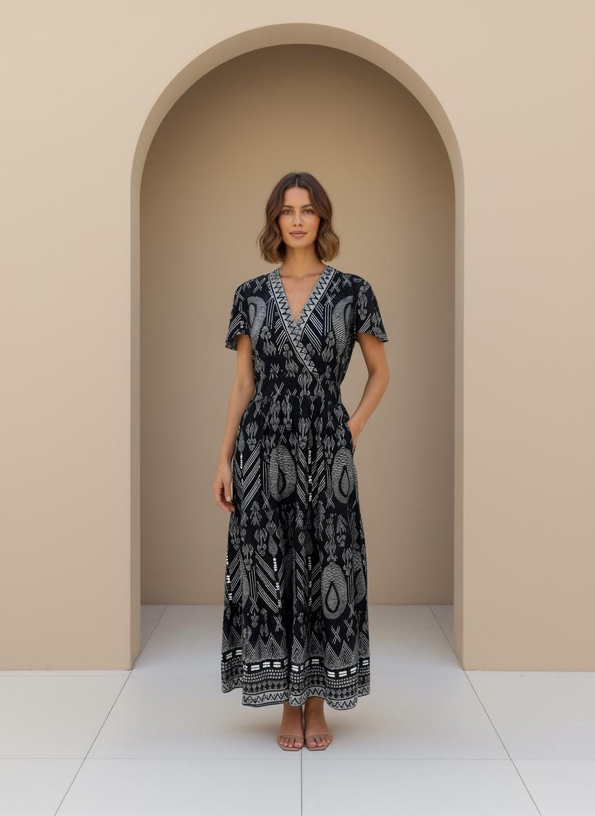 Boho Black Maxi Dress – V-Neck Wrap Style with Short Sleeves, Blue Beige Orange Print, Summer Resort Wear