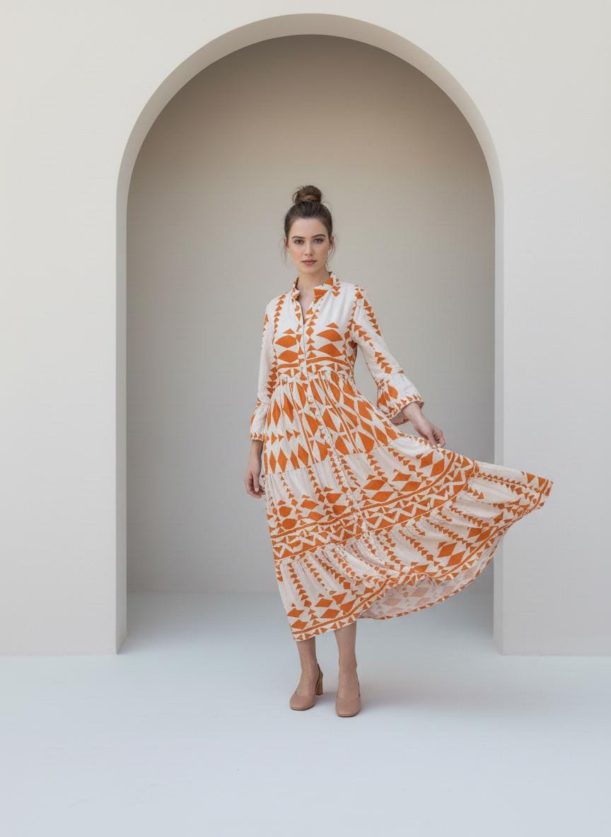 Boho Orange Flared sleeves print Summer Kaftan, Caftan, caftans for women, Boho Kaftan dress, Caftans for women, summer kaftans, women