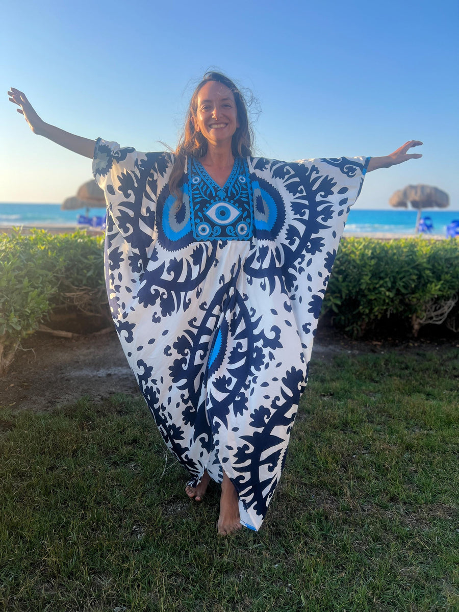 Evil Eye Blue Caftan, Caftans for women, Loose fit caftan, Open Butterfly Kaftan, caftans for women, Egyptian caftan, Plus size dress