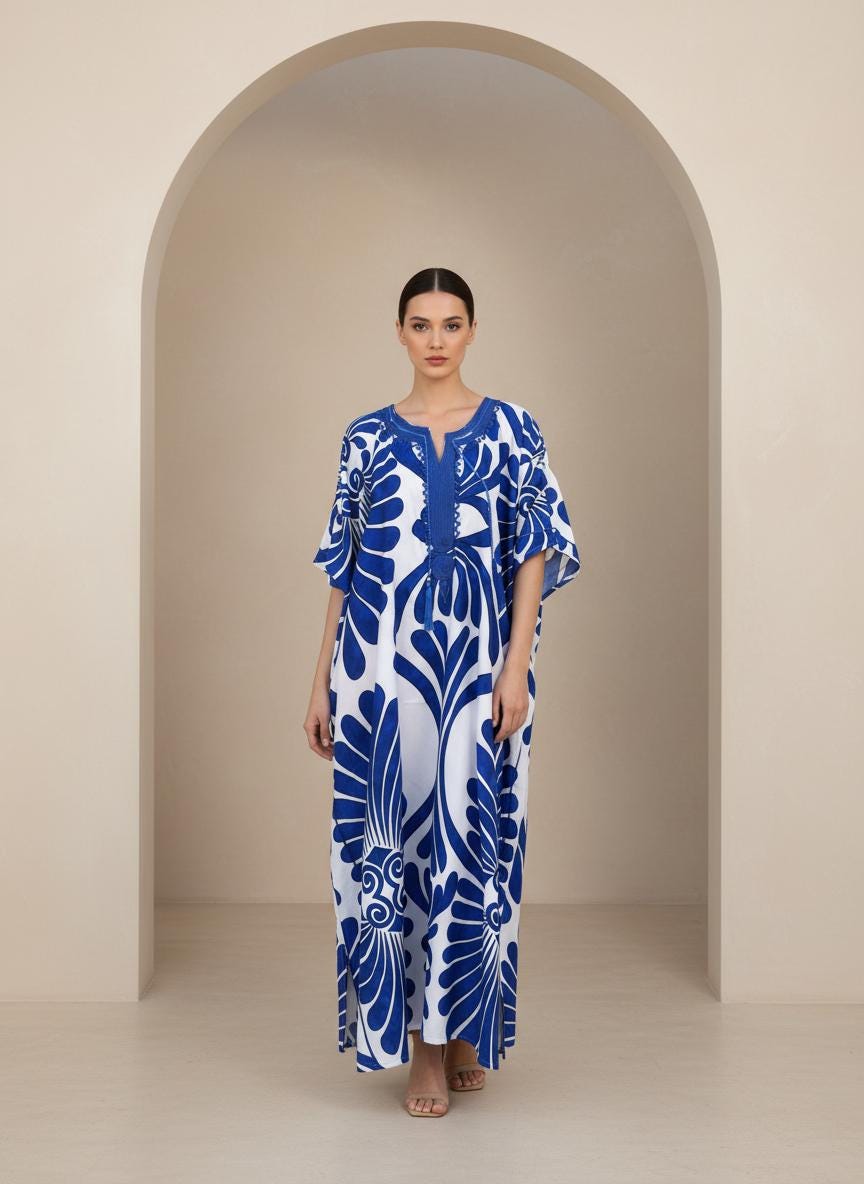Beautiful Bright Blue Hand Embroidered summer kaftan, Caftan dress, Caftans for women, Boho, caftans for women, caftans, kaftans