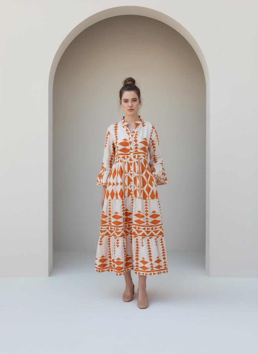 Boho Orange Flared sleeves print Summer Kaftan, Caftan, caftans for women, Boho Kaftan dress, Caftans for women, summer kaftans, women